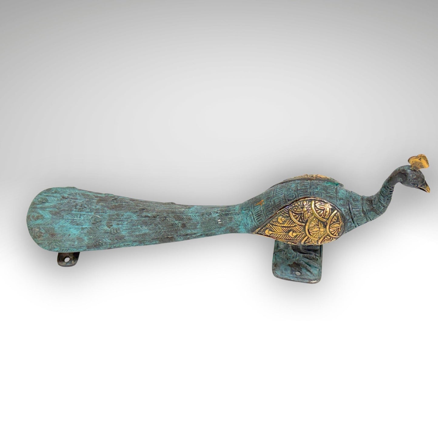Balinese Peacock Door Handle: Solid Bronze Verdigris Patina, Eclectic Bali Decor