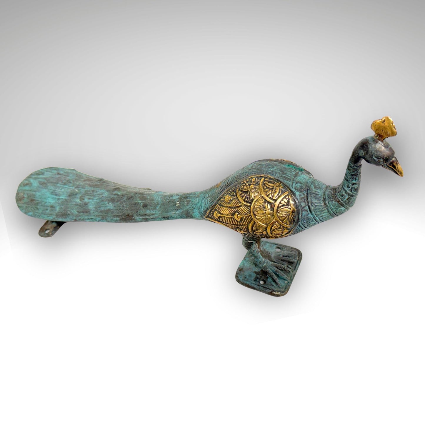 Balinese Peacock Door Handle: Solid Bronze Verdigris Patina, Eclectic Bali Decor