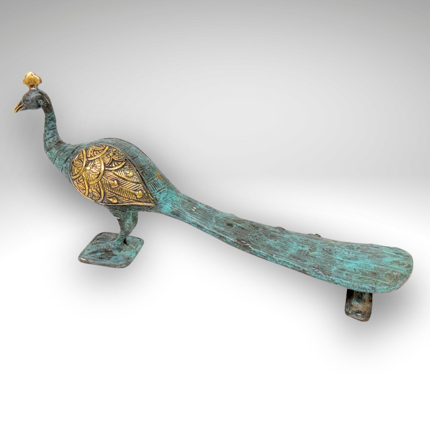 Balinese Peacock Door Handle: Solid Bronze Verdigris Patina, Eclectic Bali Decor
