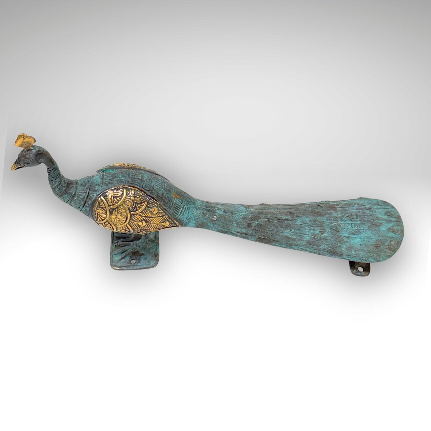 Balinese Peacock Door Handle: Solid Bronze Verdigris Patina, Eclectic Bali Decor