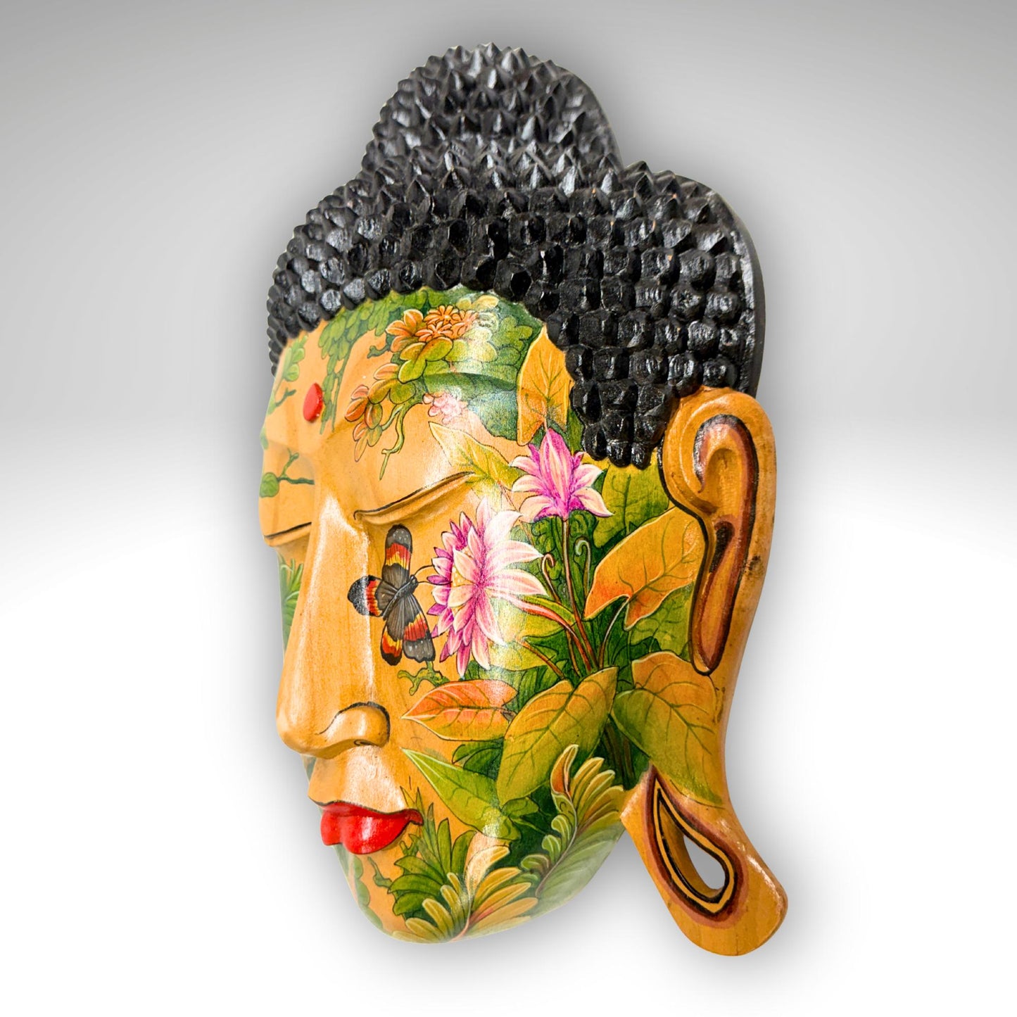 Balinese Hand Carved Wood Buddha Mask: Hand-Painted Wood Carving, Bali Wall art