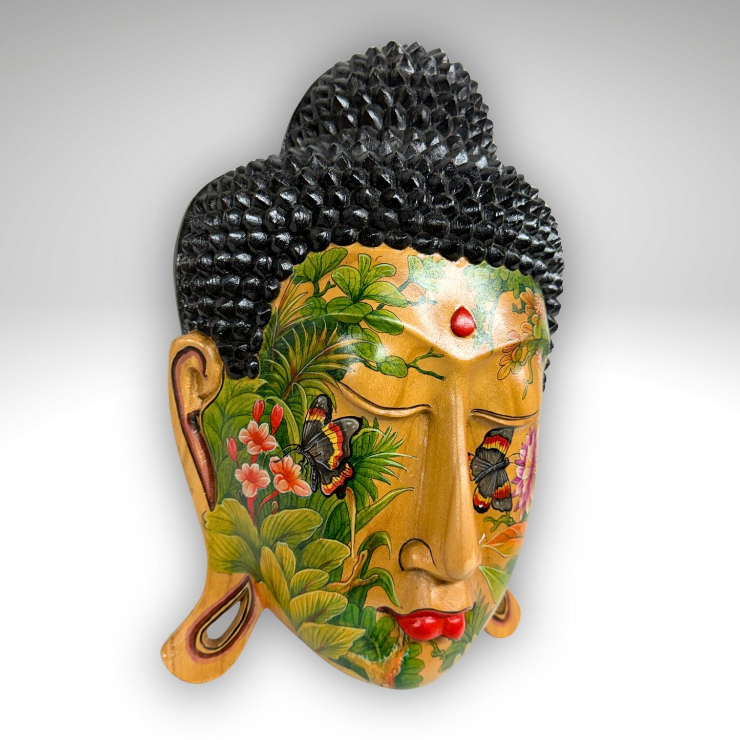 Balinese Hand Carved Wood Buddha Mask: Hand-Painted Wood Carving, Bali Wall art