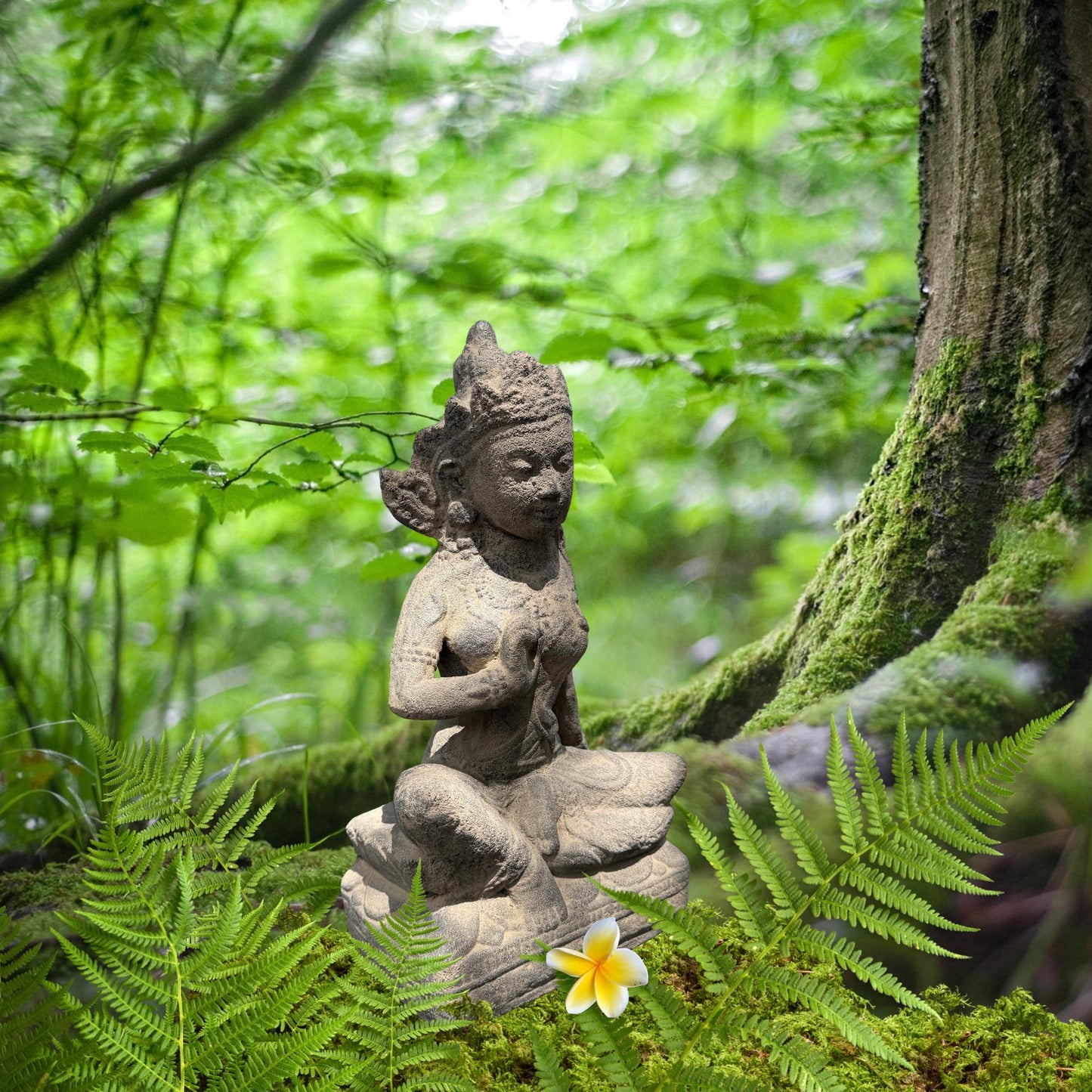 Seated Water Moon Guanyin Statue Hand Cast Lava Stone Sculpture Buddhist Art (14" Tall)