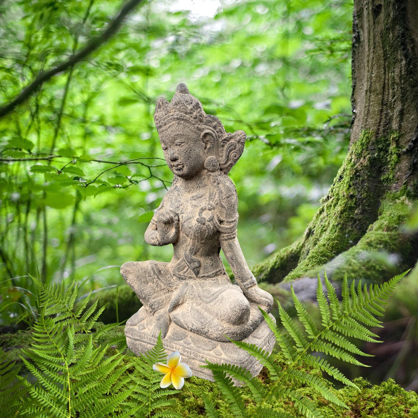 Seated Water Moon Guanyin Statue Hand Cast Lava Stone Sculpture Buddhist Art (14" Tall)
