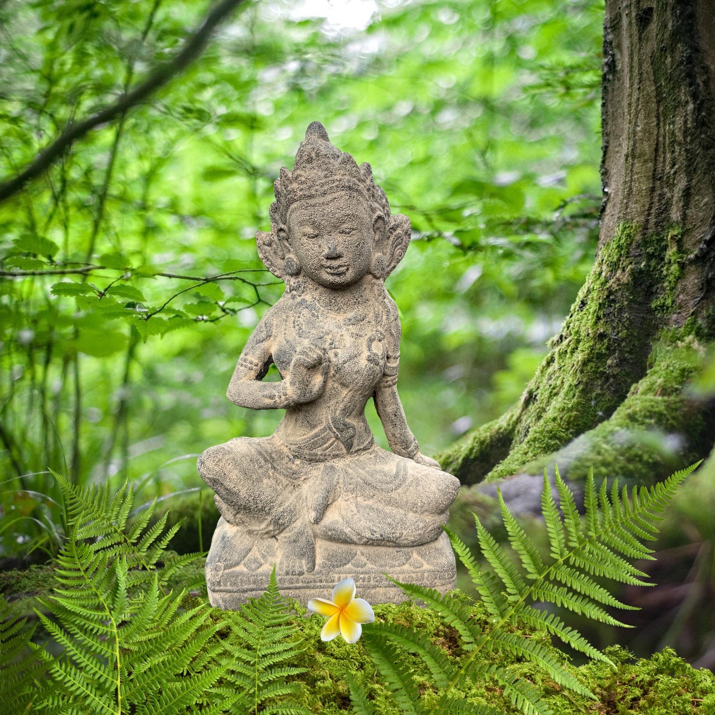 Seated Water Moon Guanyin Statue Hand Cast Lava Stone Sculpture Buddhist Art (14" Tall)