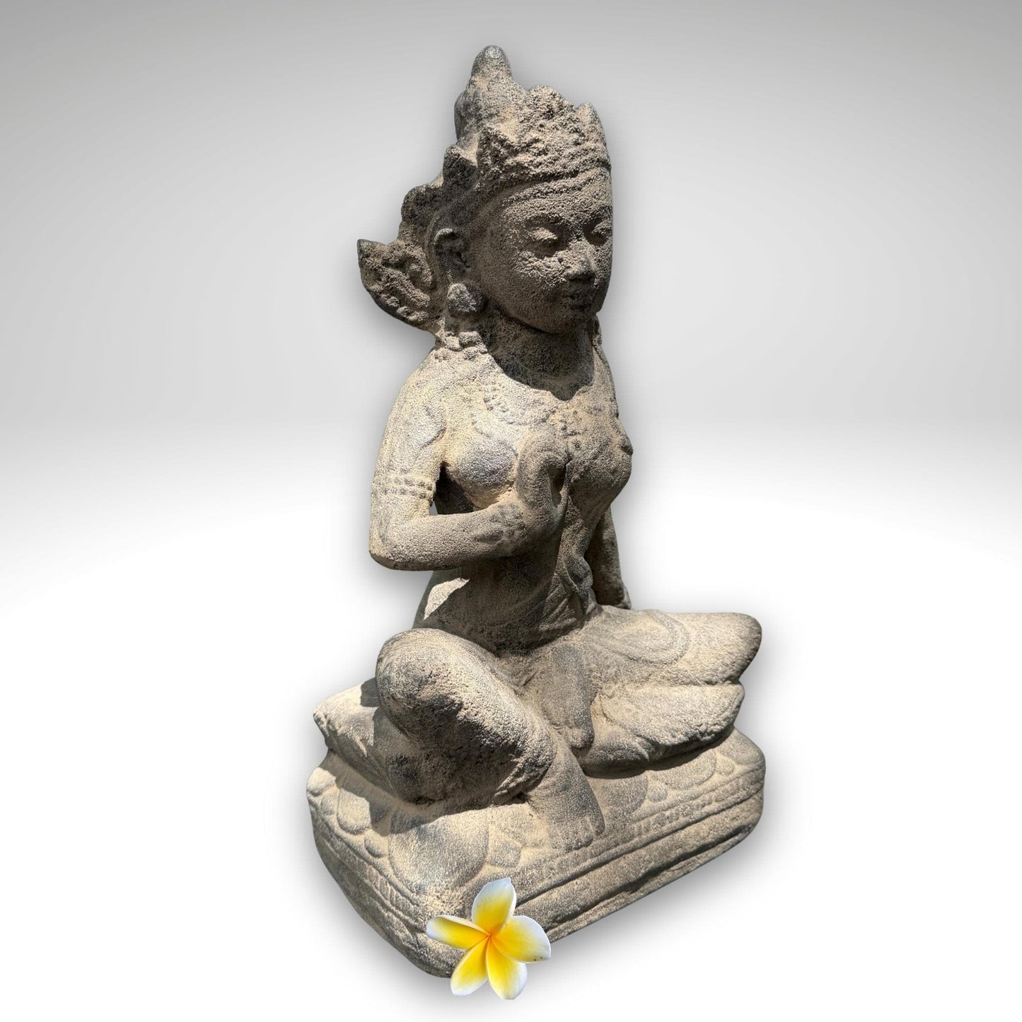 Seated Water Moon Guanyin Statue Hand Cast Lava Stone Sculpture Buddhist Art (14" Tall)