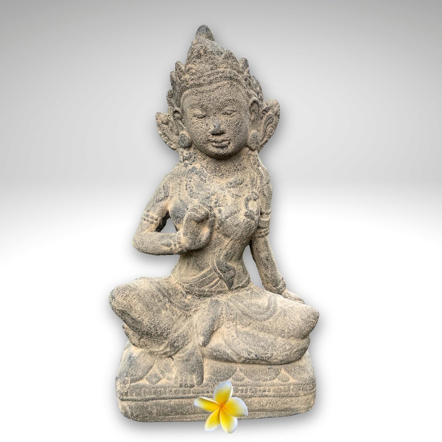Seated Water Moon Guanyin Statue Hand Cast Lava Stone Sculpture Buddhist Art (14" Tall)