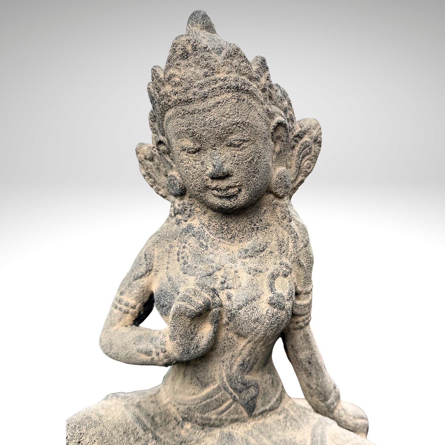 Seated Water Moon Guanyin Statue Hand Cast Lava Stone Sculpture Buddhist Art (14" Tall)