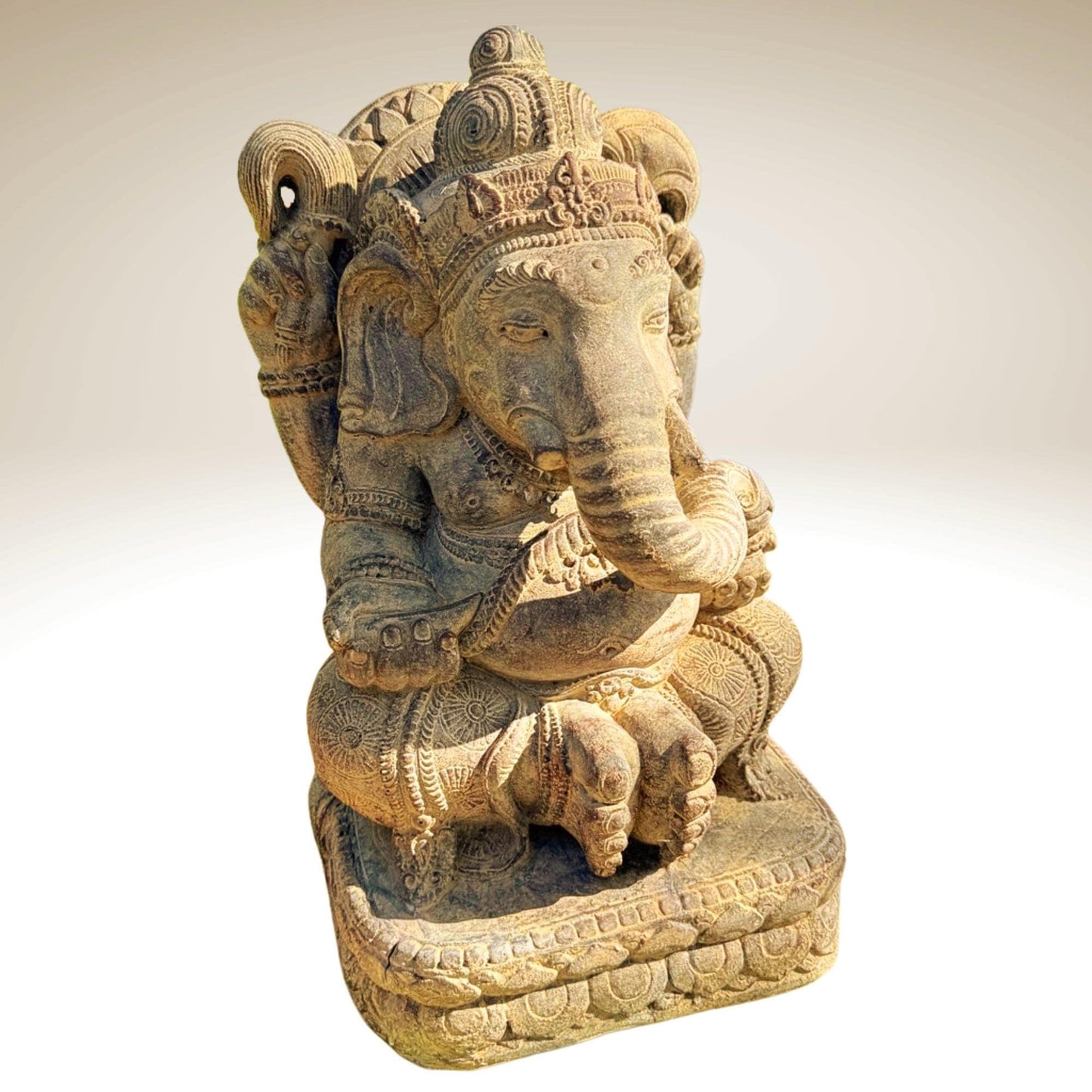 Ganesha Garden Statue: Hand-Cast Lava Stone Sculpture