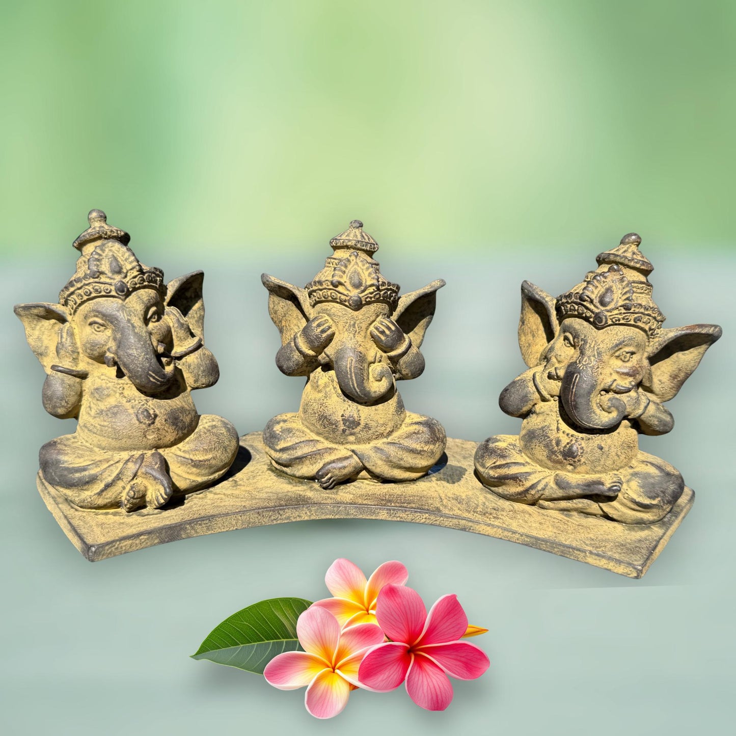 Baby Ganesha Statue: Hear See Speak no Evil, Cast Faux Stone Bali Art