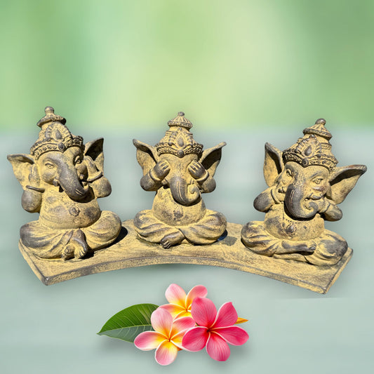 Baby Ganesha Statue: Hear See Speak no Evil, Cast Faux Stone Bali Art