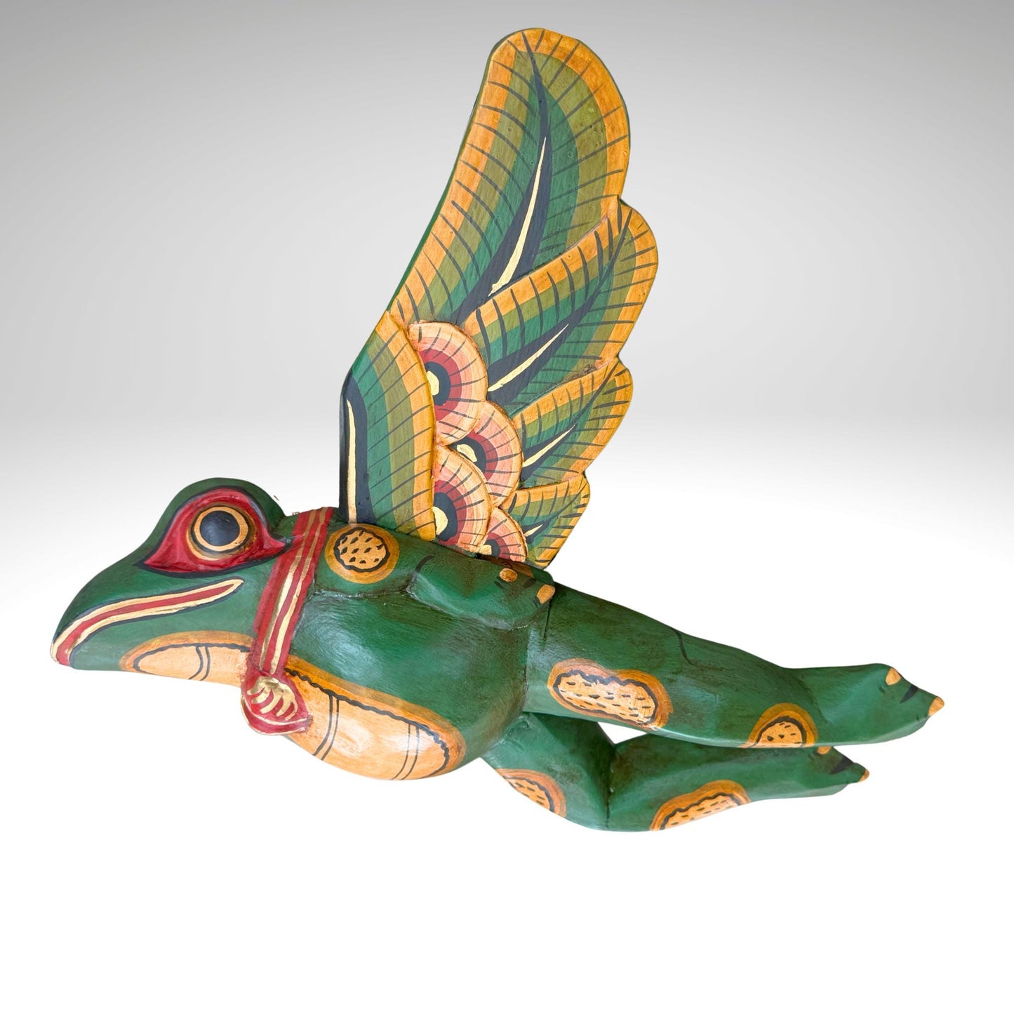 Hand Carved Flying Frog Mobile: Balinese Folk Art Spirit Chaser, Green Wood Art