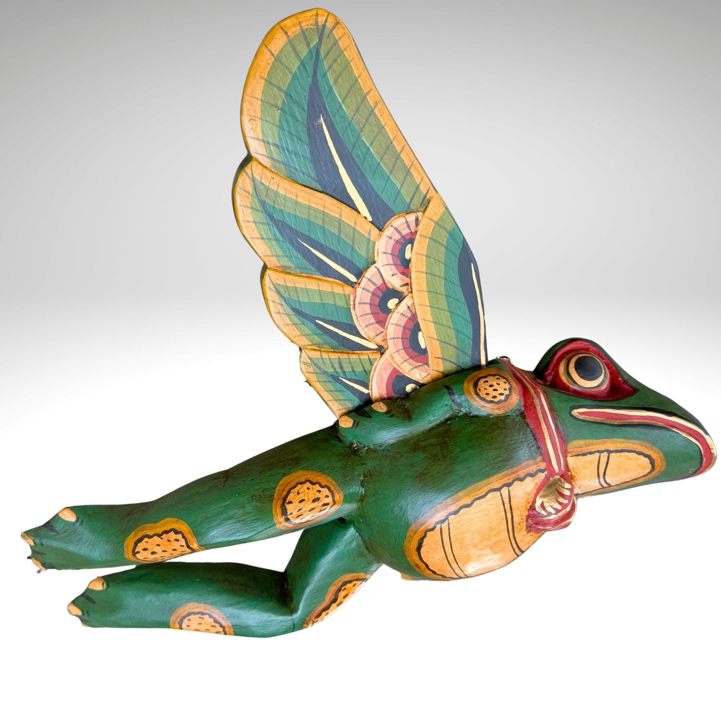 Hand Carved Flying Frog Mobile: Balinese Folk Art Spirit Chaser, Green Wood Art