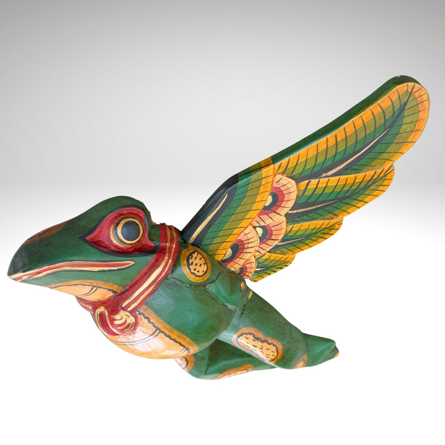 Hand Carved Flying Frog Mobile: Balinese Folk Art Spirit Chaser, Green Wood Art