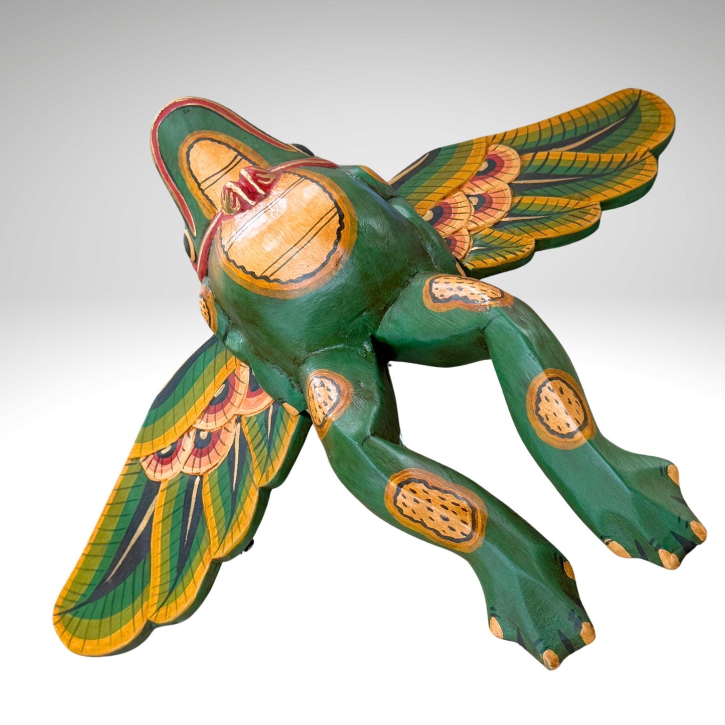 Hand Carved Flying Frog Mobile: Balinese Folk Art Spirit Chaser, Green Wood Art