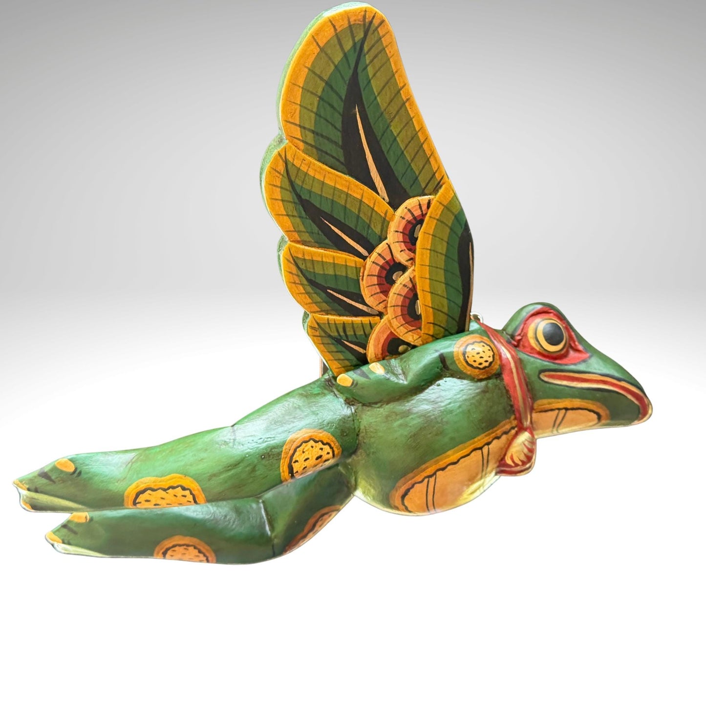 Hand Carved Flying Frog Mobile: Balinese Folk Art Spirit Chaser, Green Wood Art