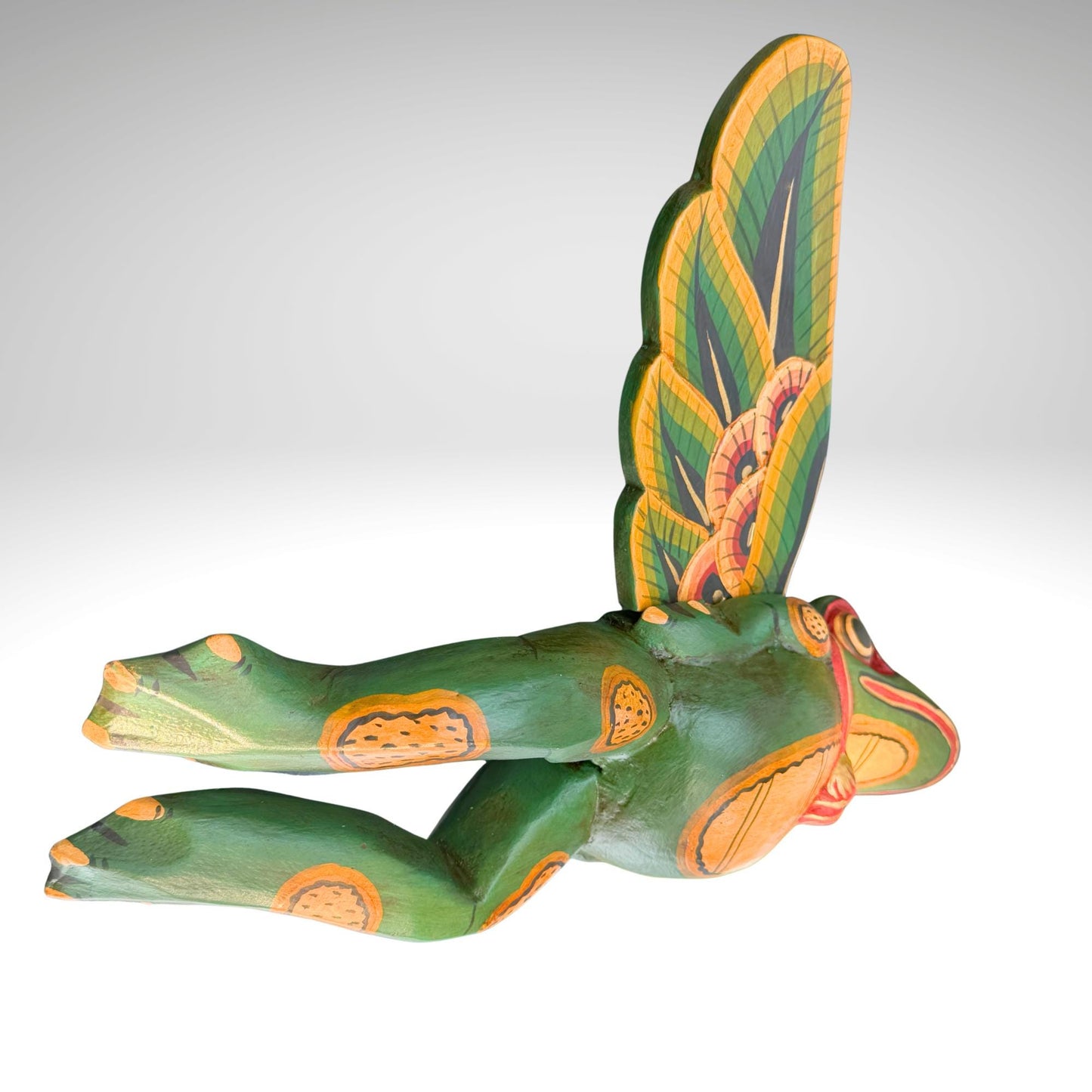 Hand Carved Flying Frog Mobile: Balinese Folk Art Spirit Chaser, Green Wood Art
