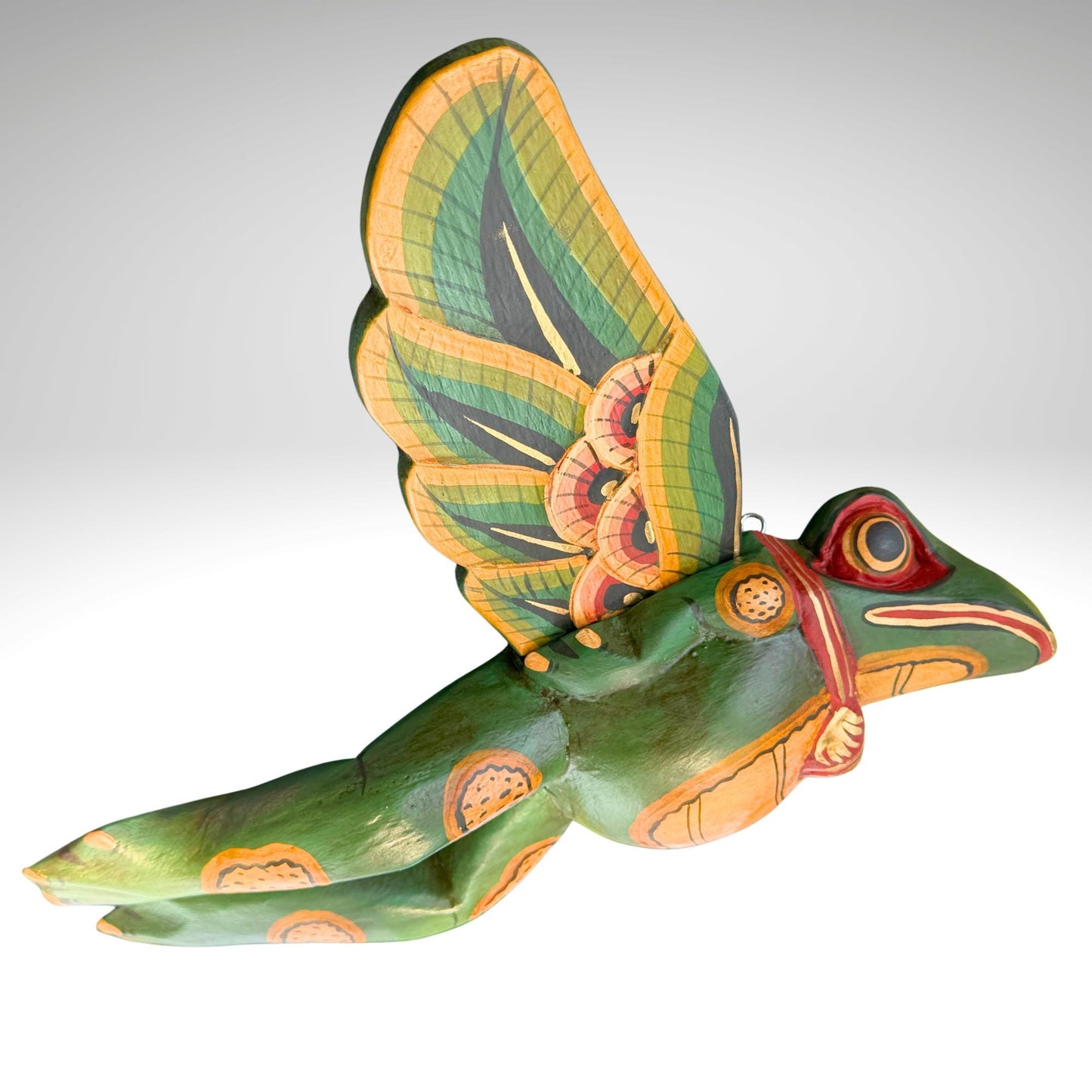Hand Carved Flying Frog Mobile: Balinese Folk Art Spirit Chaser, Green Wood Art