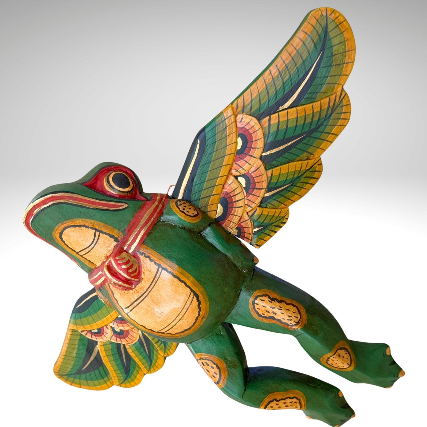 Hand Carved Flying Frog Mobile: Balinese Folk Art Spirit Chaser, Green Wood Art