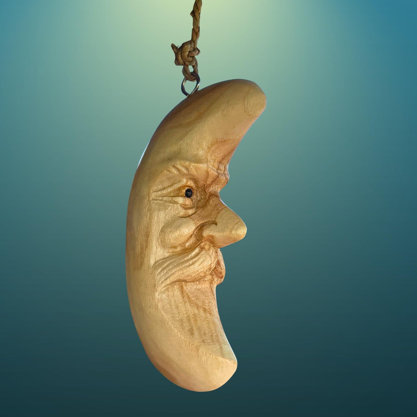 Hand Carved Wood Man in the Moon Hanging Mobile, Bali Folk Art Carving