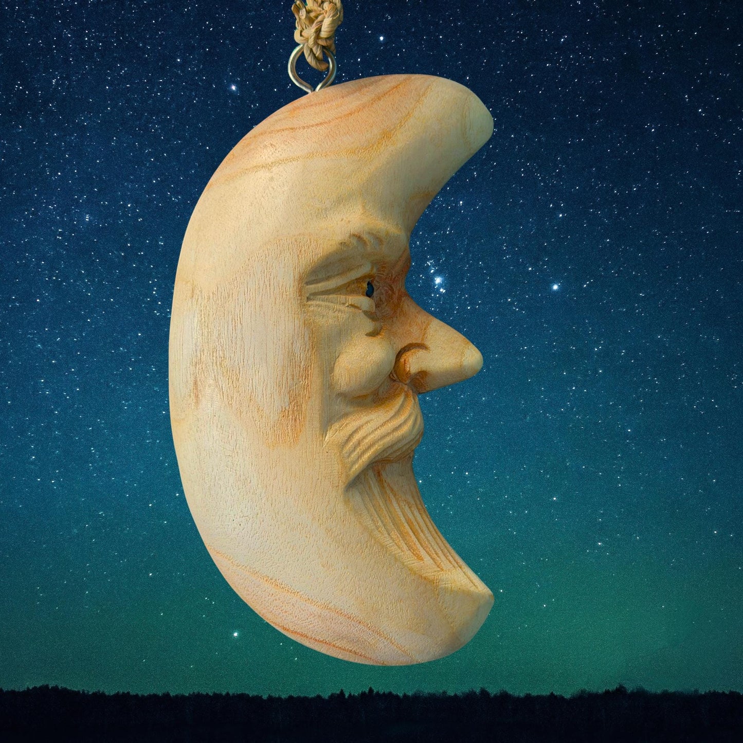 Hand Carved Wood Man in the Moon Hanging Mobile, Bali Folk Art Carving