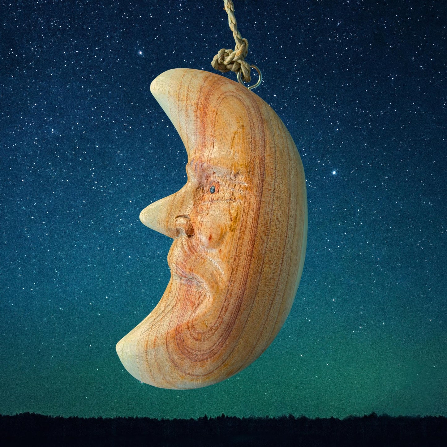 Hand Carved Wood Man in the Moon Hanging Mobile, Bali Folk Art Carving