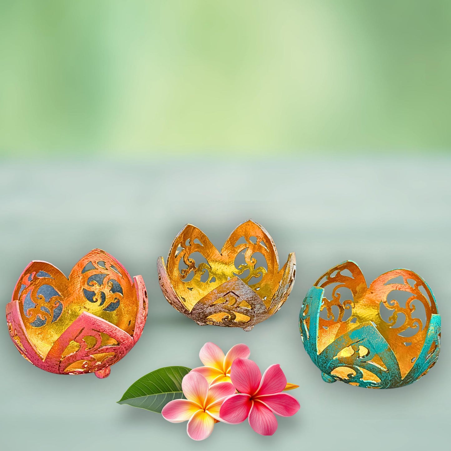 Lotus Flower Ring Dish, Votive Candleholder, Carved Coconut Shell,  Balinese Folk Art