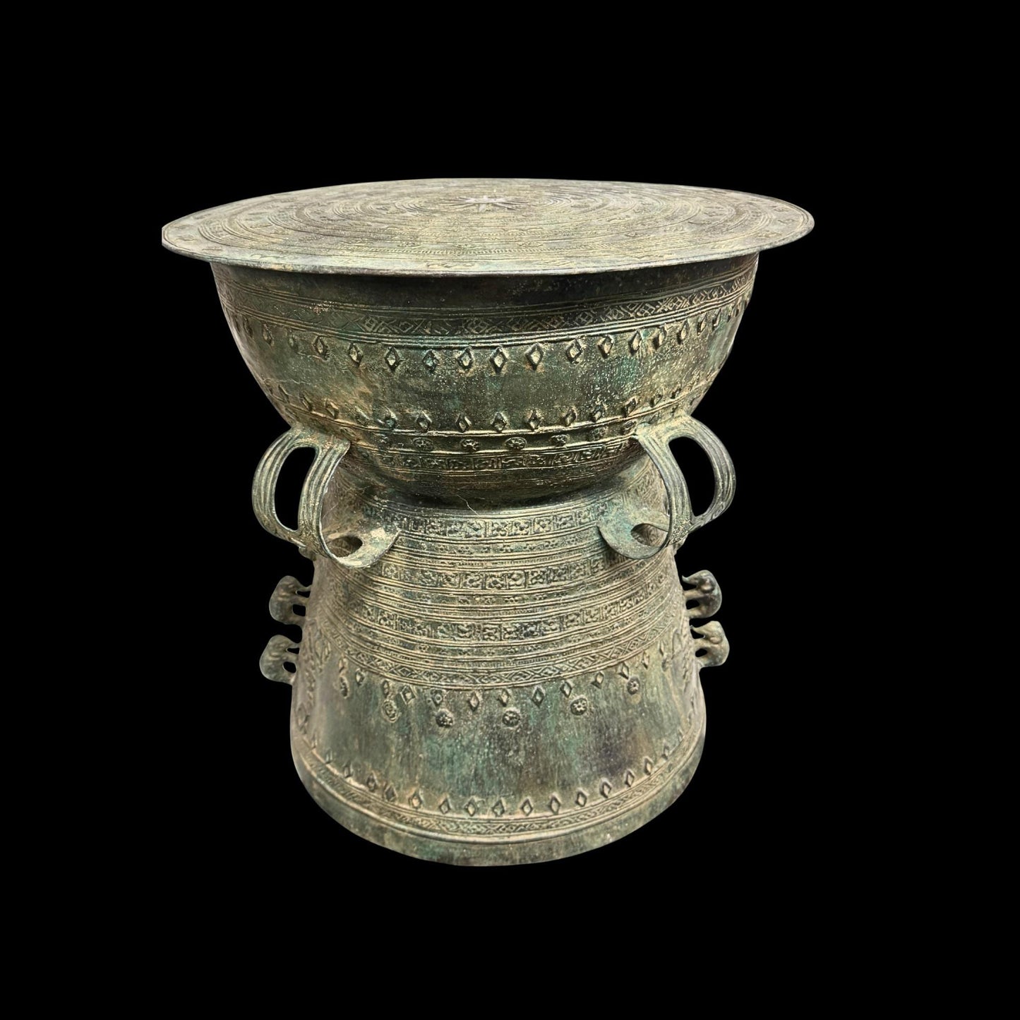 Vintage Bronze Rain Drum Side Table: Balinese Garden Art, Plant Stand with Verdigris Patina