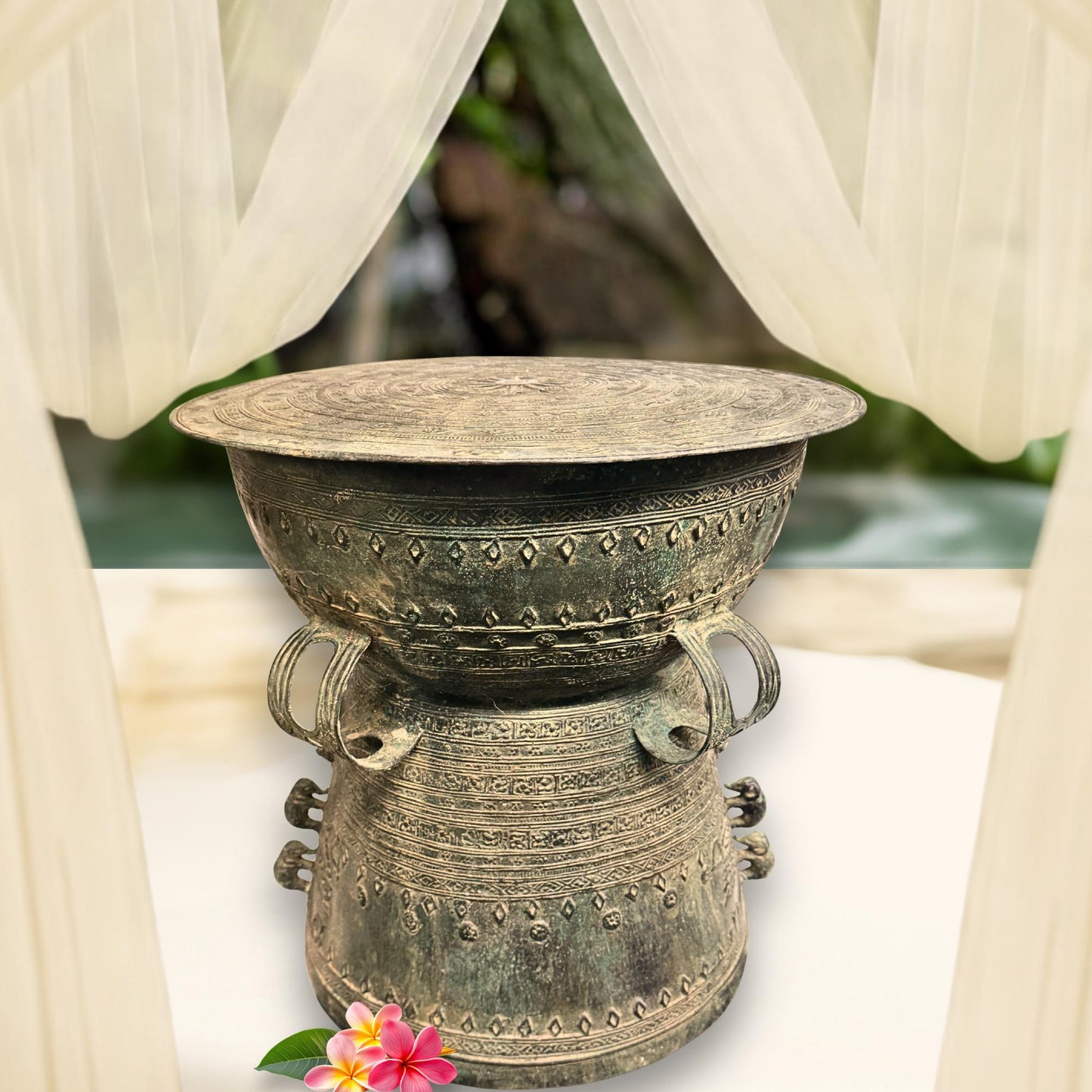 Vintage Bronze Rain Drum Side Table: Balinese Garden Art, Plant Stand with Verdigris Patina