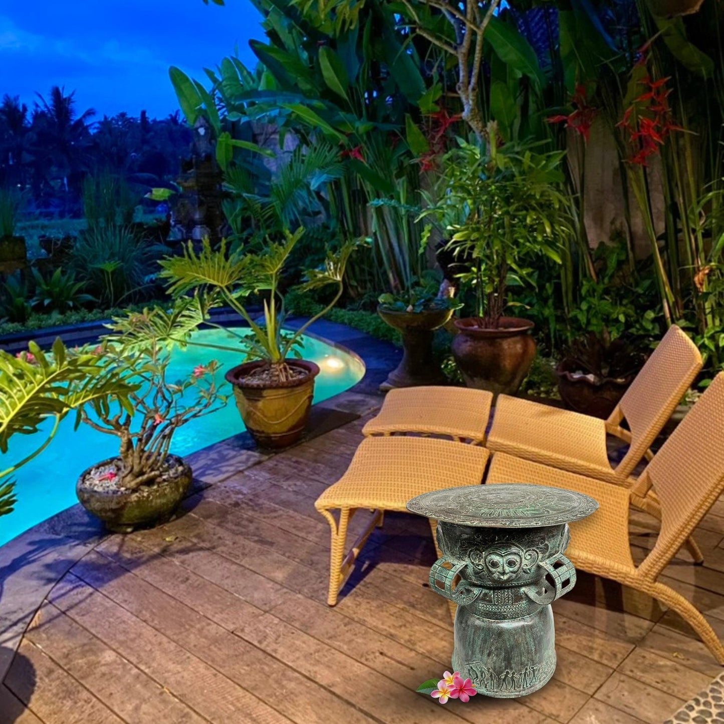 Vintage Balinese Bronze Rain Drum:  Garden Sculpture Side Table Indonesian Ethnographic Art