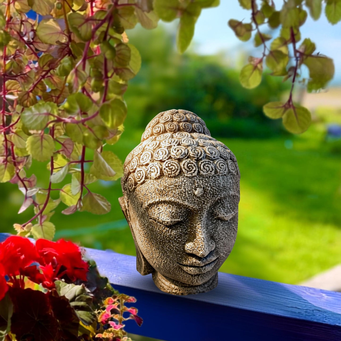 Buddha Head Garden Statue: Handmade Cast Lava Stone Sculpture, Balinese Garden Decor