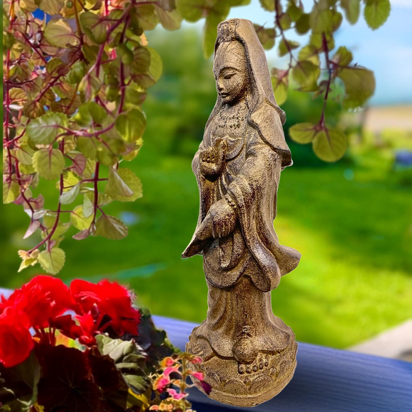 Bodhisattva Guanyin Goddess Garden Statue: Cast Lava Stone, Kwan Yin Goddess of Mercy