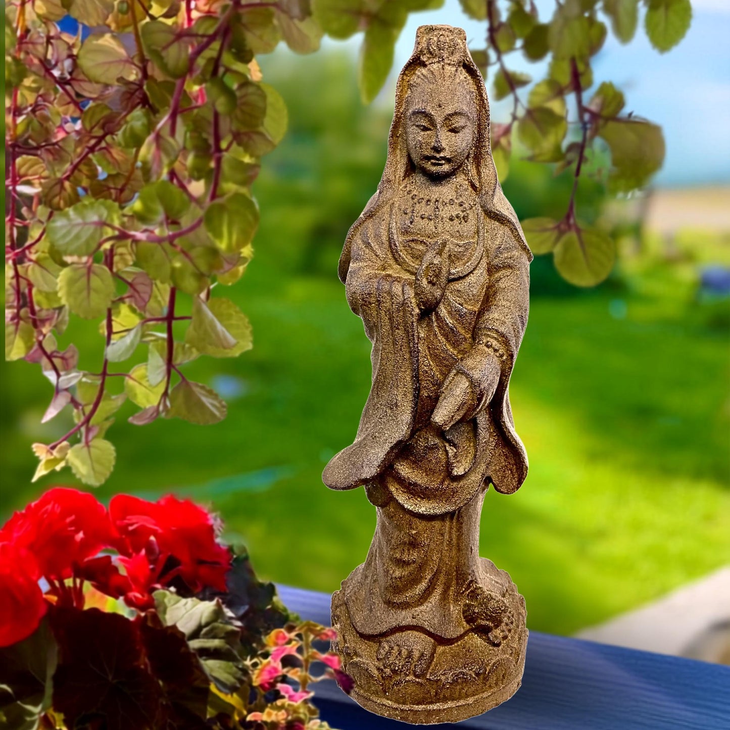 Bodhisattva Guanyin Goddess Garden Statue: Cast Lava Stone, Kwan Yin Goddess of Mercy