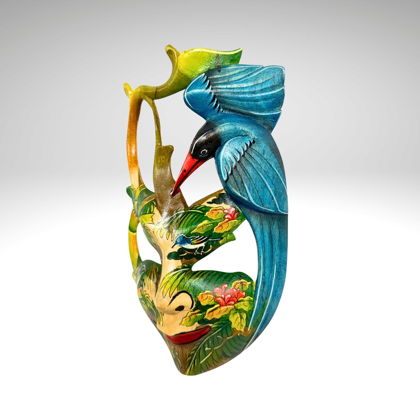 Hand Carved Wood Balinese Mask Kingfisher Goddess: Hand-painted Jungle Garden Abstract Carving, Wall Art