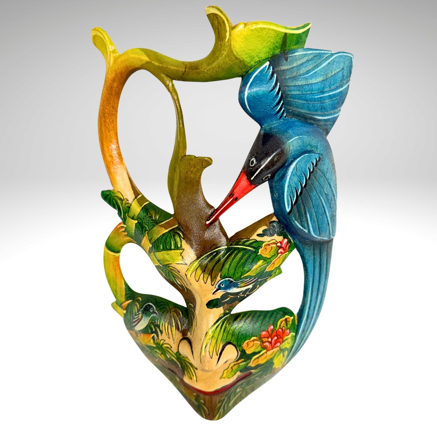Hand Carved Wood Balinese Mask Kingfisher Goddess: Hand-painted Jungle Garden Abstract Carving, Wall Art