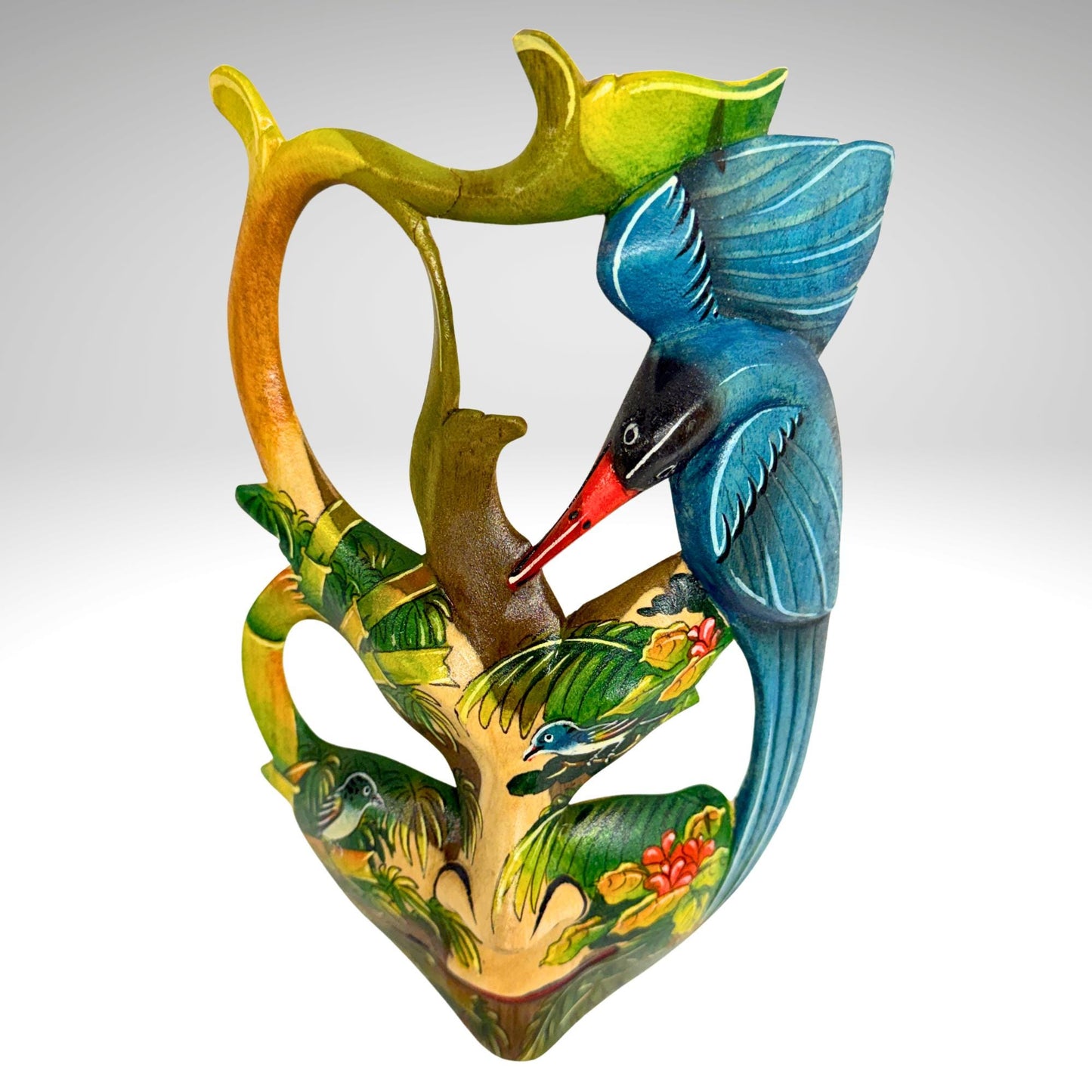 Hand Carved Wood Balinese Mask Kingfisher Goddess: Hand-painted Jungle Garden Abstract Carving, Wall Art