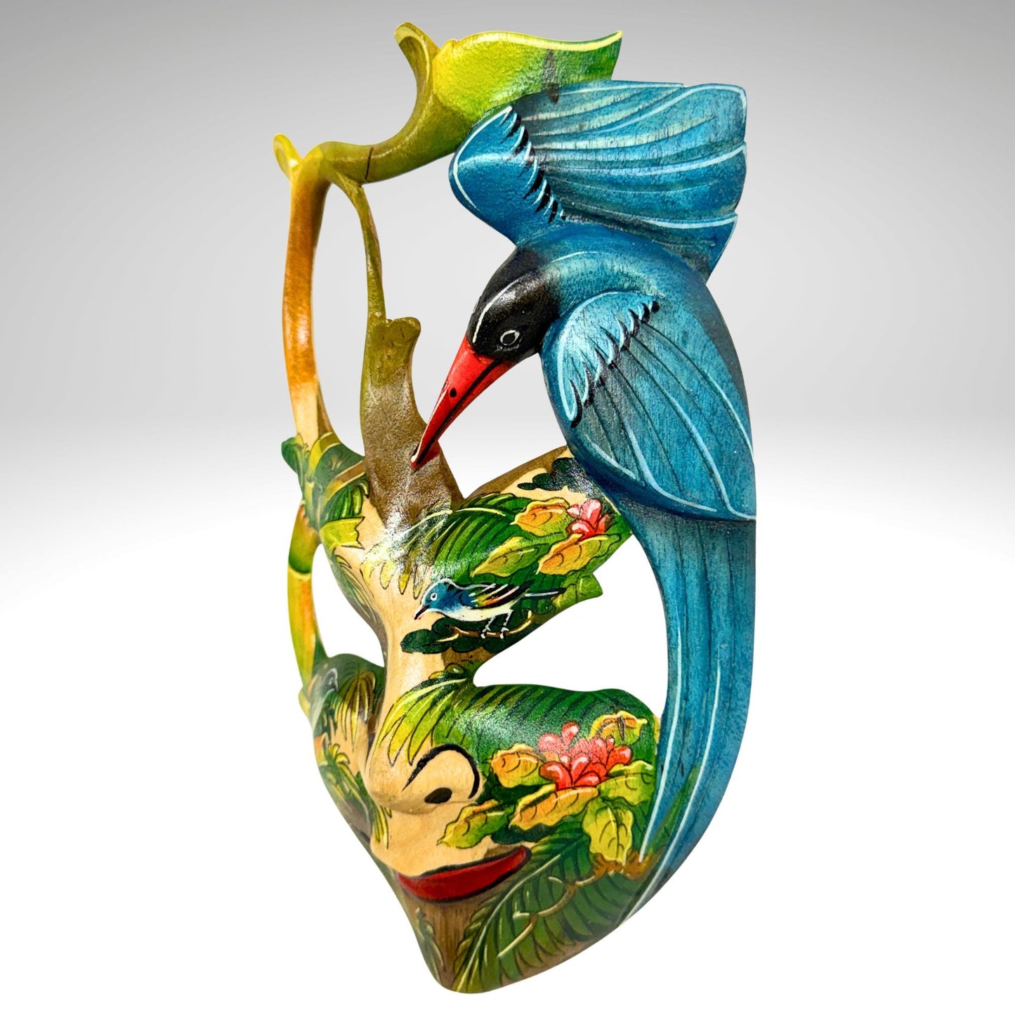 Hand Carved Wood Balinese Mask Kingfisher Goddess: Hand-painted Jungle Garden Abstract Carving, Wall Art