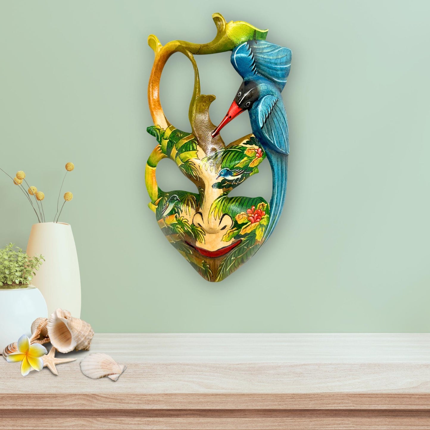 Hand Carved Wood Balinese Mask Kingfisher Goddess: Hand-painted Jungle Garden Abstract Carving, Wall Art