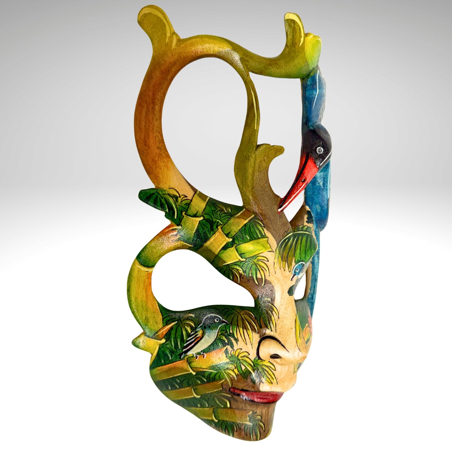 Hand Carved Wood Balinese Mask Kingfisher Goddess: Hand-painted Jungle Garden Abstract Carving, Wall Art