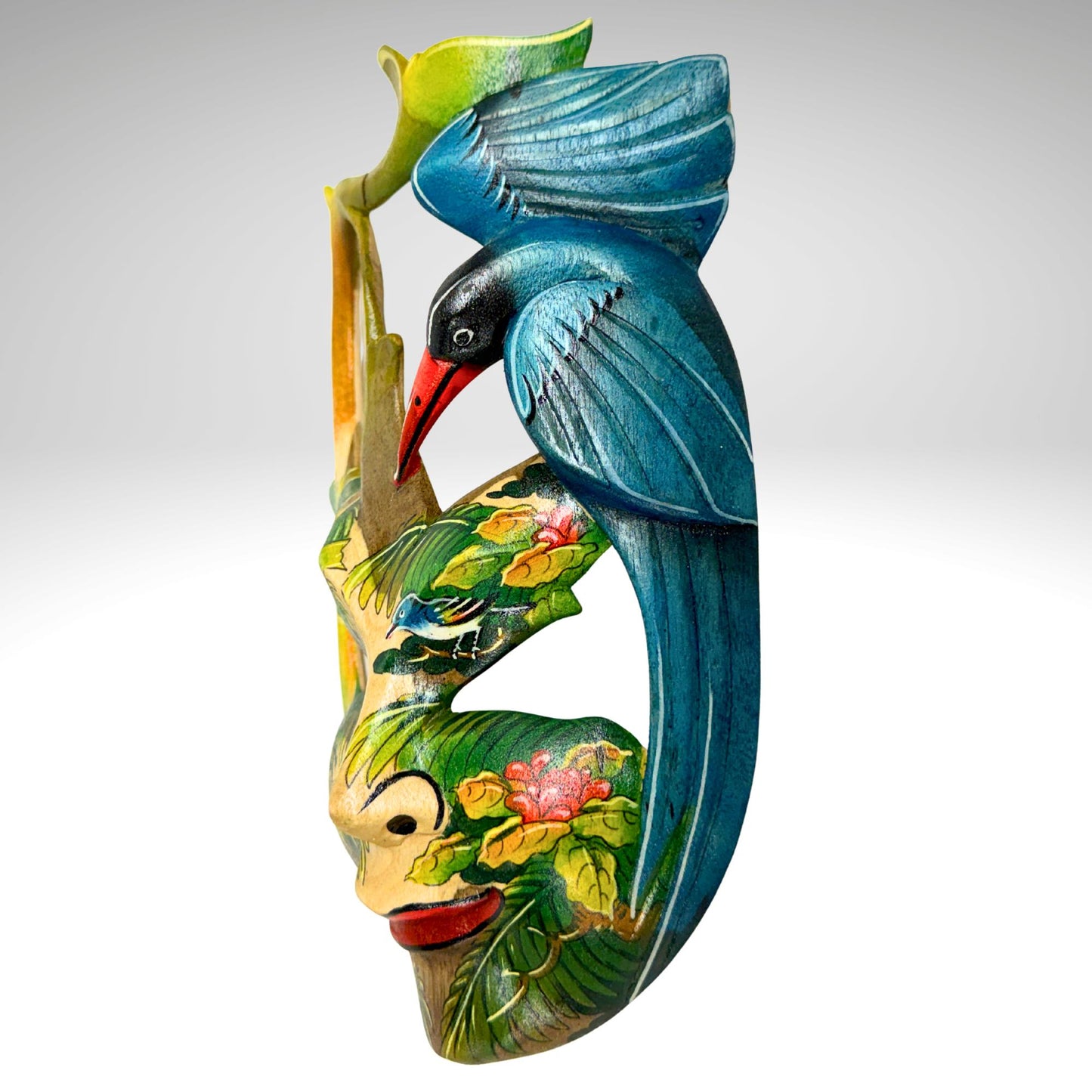 Hand Carved Wood Balinese Mask Kingfisher Goddess: Hand-painted Jungle Garden Abstract Carving, Wall Art