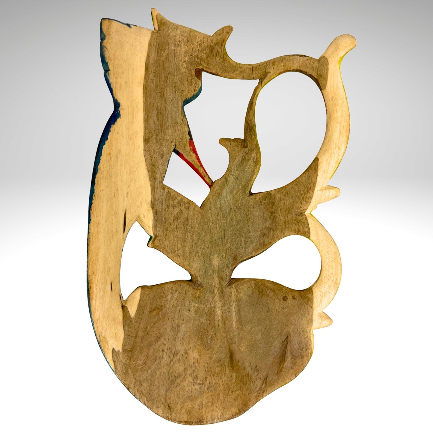Hand Carved Wood Balinese Mask Kingfisher Goddess: Hand-painted Jungle Garden Abstract Carving, Wall Art