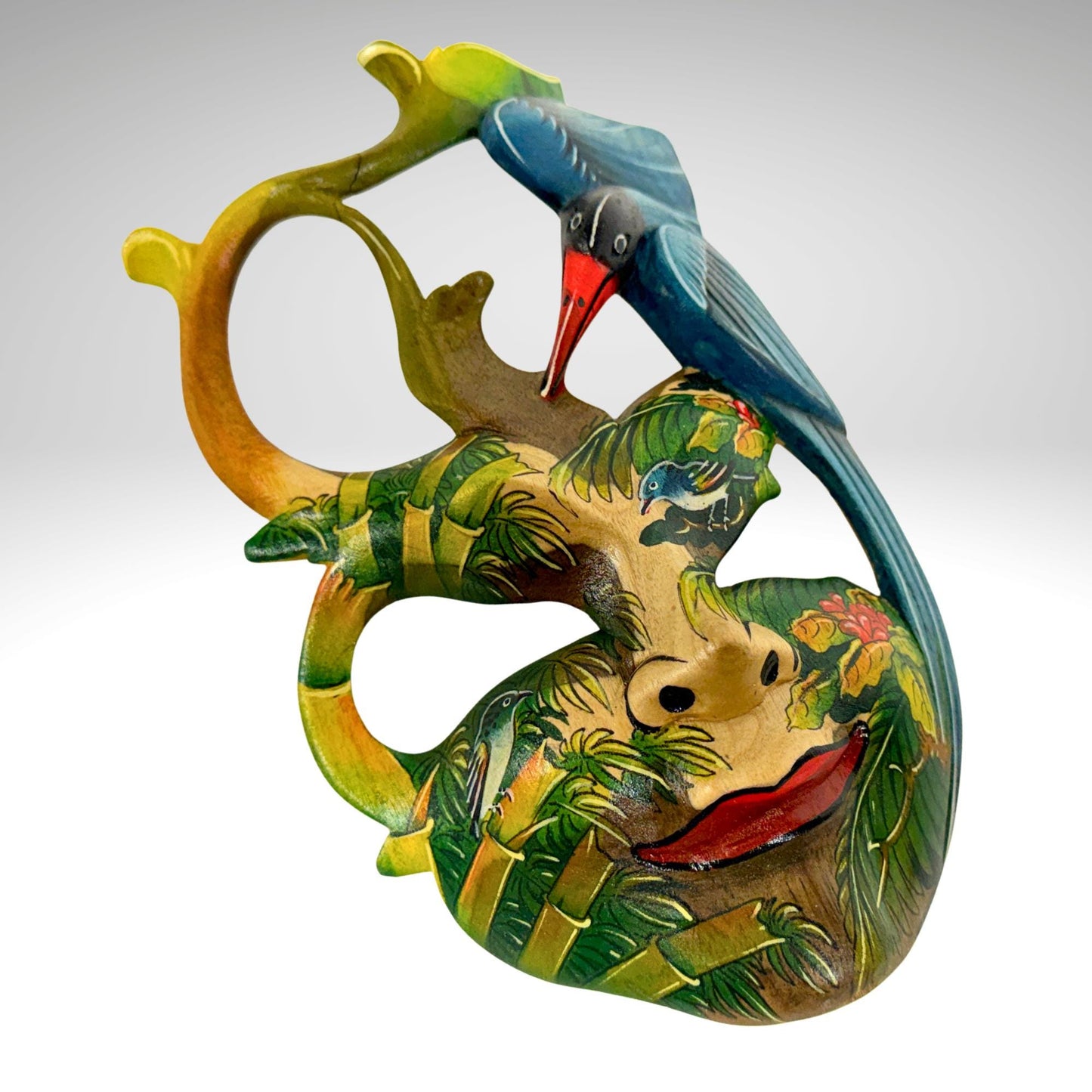 Hand Carved Wood Balinese Mask Kingfisher Goddess: Hand-painted Jungle Garden Abstract Carving, Wall Art
