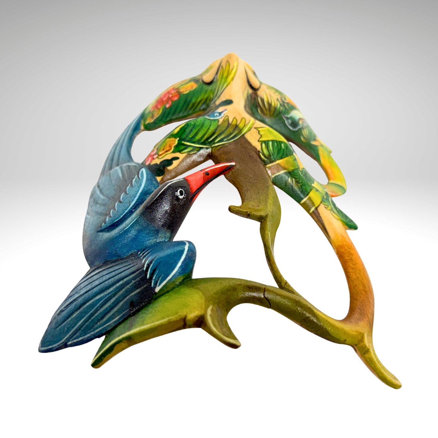 Hand Carved Wood Balinese Mask Kingfisher Goddess: Hand-painted Jungle Garden Abstract Carving, Wall Art