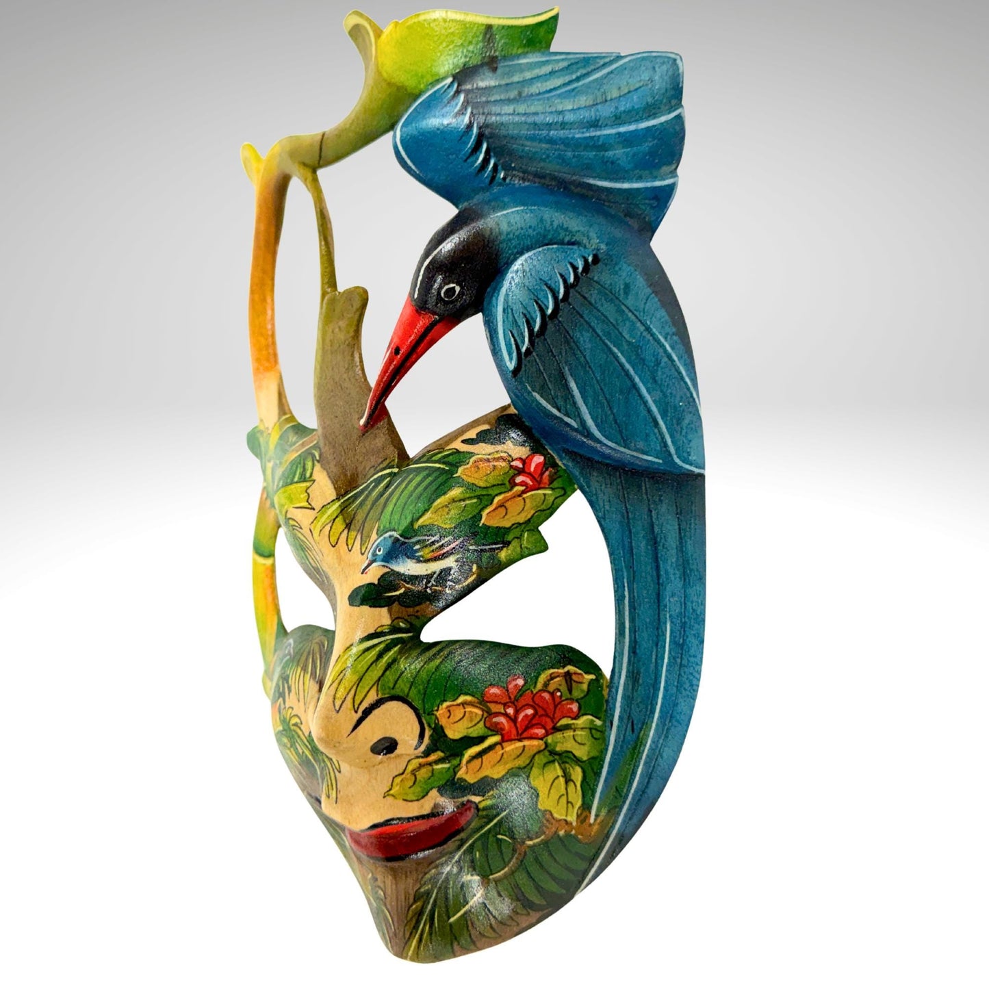 Hand Carved Wood Balinese Mask Kingfisher Goddess: Hand-painted Jungle Garden Abstract Carving, Wall Art