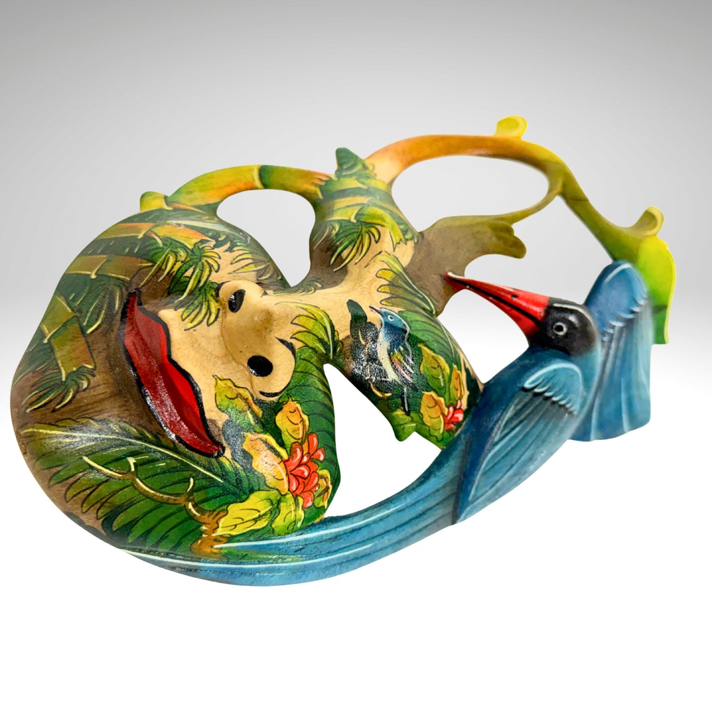 Hand Carved Wood Balinese Mask Kingfisher Goddess: Hand-painted Jungle Garden Abstract Carving, Wall Art