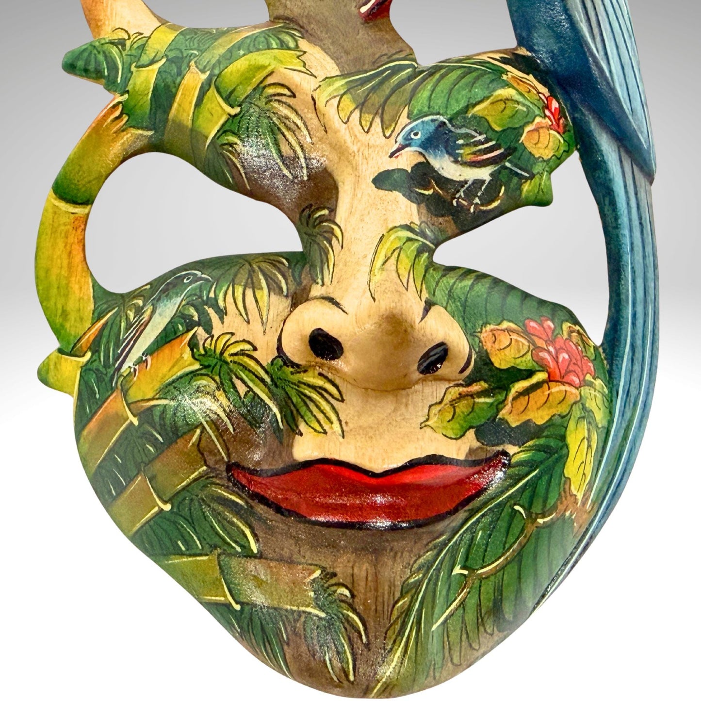 Hand Carved Wood Balinese Mask Kingfisher Goddess: Hand-painted Jungle Garden Abstract Carving, Wall Art