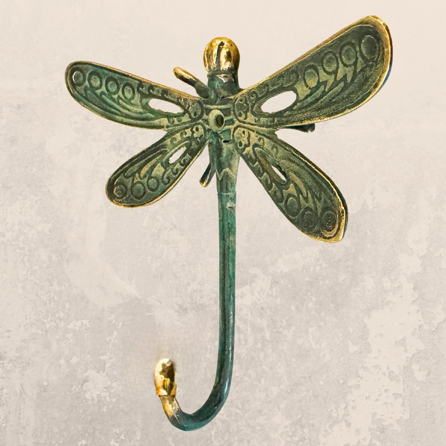 Dragonfly Wall Coat Hook Handmade Verdigris Green solid cast Bronze Metal Handmade Balinese Art
