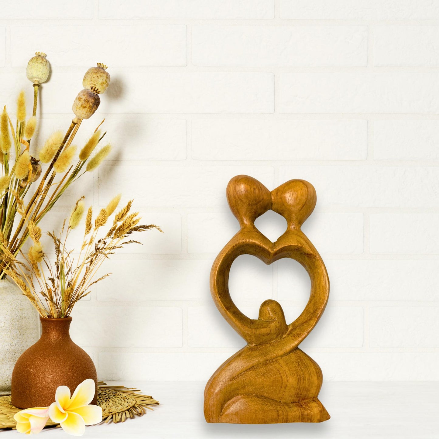 Balinese Abstract Heart Loving Couple Sculpture - Hand Carved Wood Statue Bali art