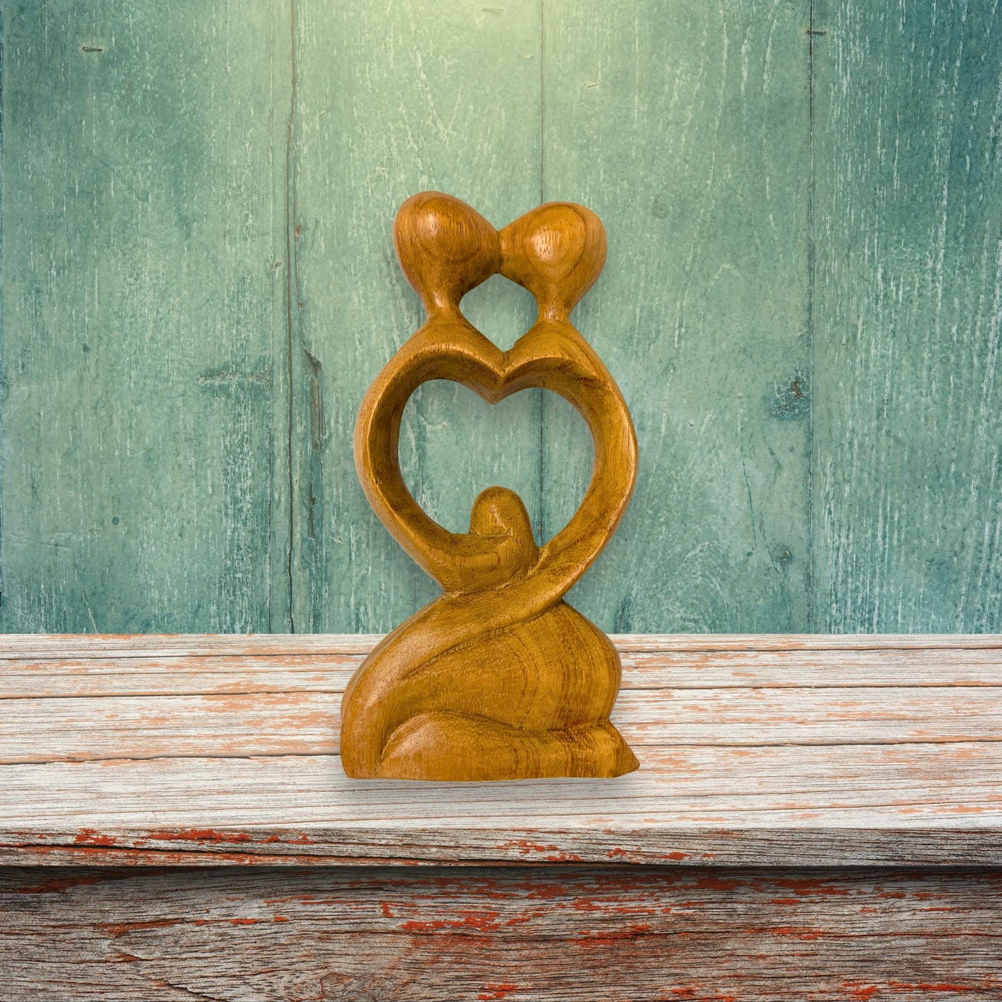 Balinese Abstract Heart Loving Couple Sculpture - Hand Carved Wood Statue Bali art