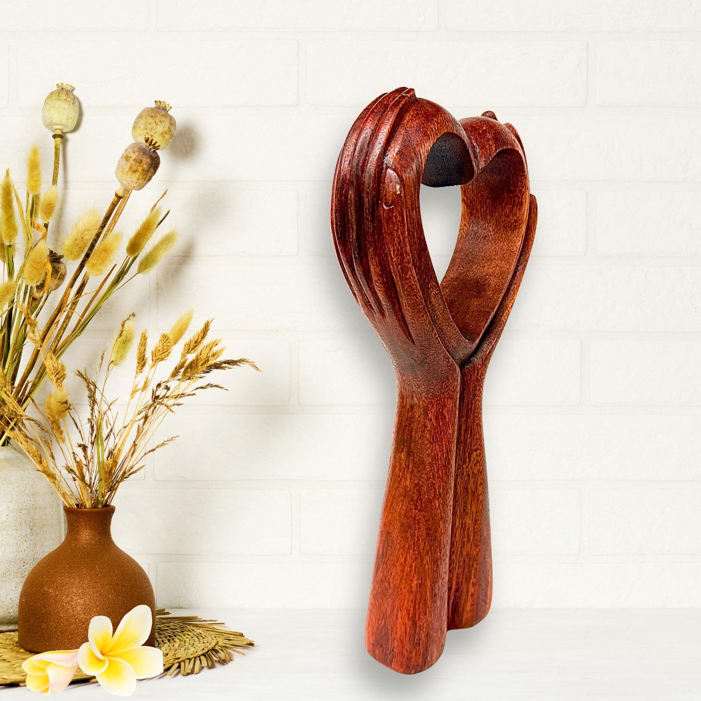 Balinese Abstract Heart in Hands Sculpture - Hand Carved Wood Statue Bali art